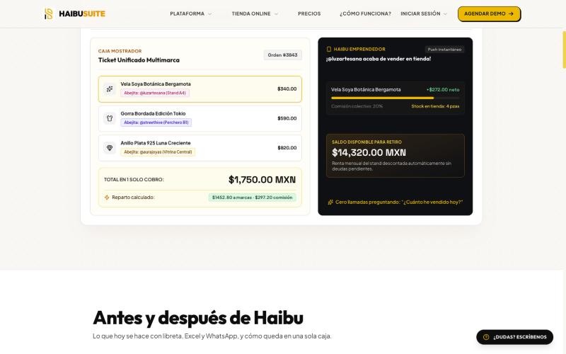 Punto de venta de Haibu Suite con un ticket multimarca y la app de la marca