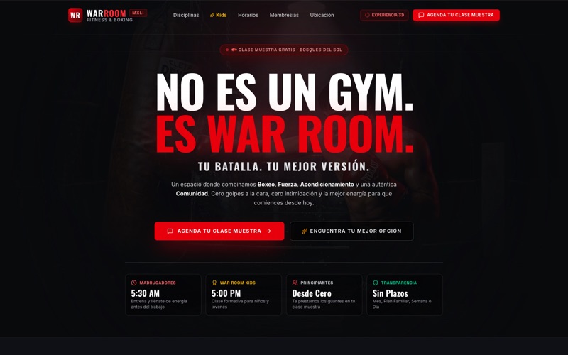 Portada del sitio de War Room Fitness & Boxing con el botón para agendar una clase muestra